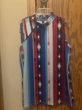 Crazy Train Aztec Stripe Mock Neck Tank - Red, Blue & White